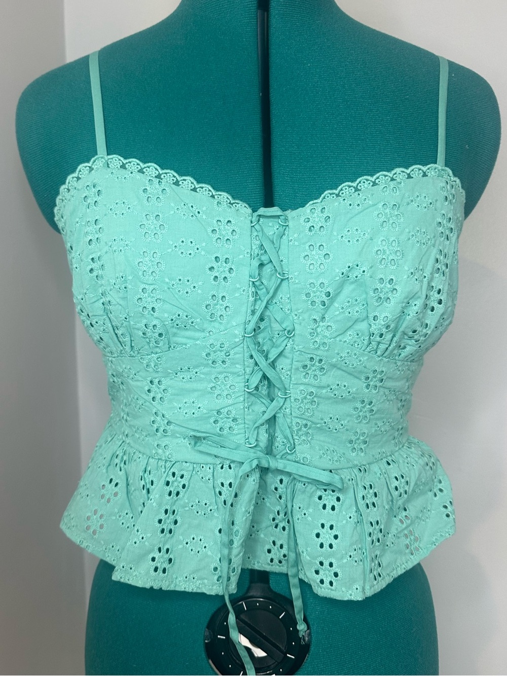 wild fable Mint Green Eyelet Lace-Up Peplum Tank Top